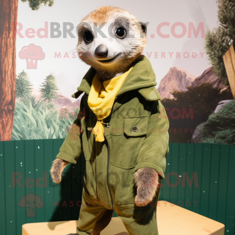 Forest Green Meerkat mascot costume character dressed with a Jacket and Scarves