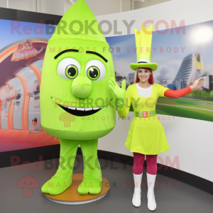Lime Green Knife Thrower mascot costume character dressed with a Pencil Skirt and Caps