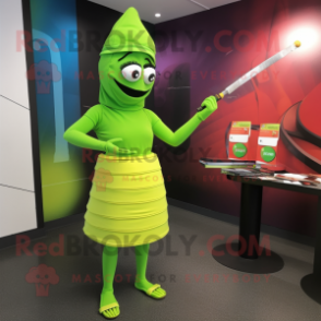 Lime Green Knife Thrower mascot costume character dressed with a Pencil Skirt and Caps