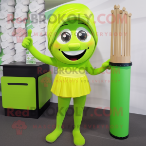 Lime Green Knife Thrower mascot costume character dressed with a Pencil Skirt and Caps