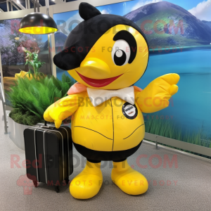 Lemon Yellow Killer Whale mascot costume character dressed with a Wrap Skirt and Briefcases