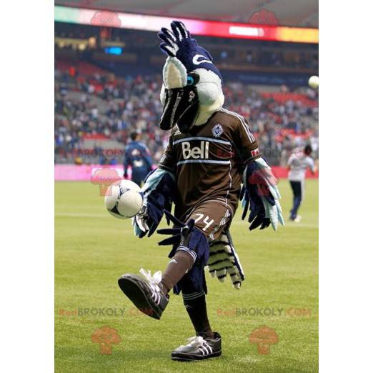 Mascotte d'oiseau bleu blanc et noir en tenue marron -