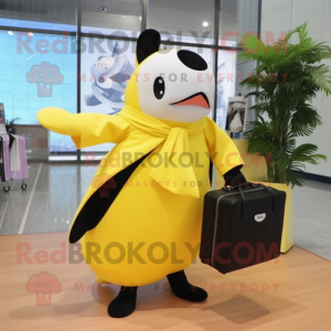 Lemon Yellow Killer Whale mascot costume character dressed with a Wrap Skirt and Briefcases