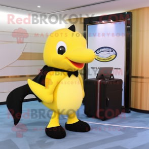 Lemon Yellow Killer Whale mascot costume character dressed with a Wrap Skirt and Briefcases