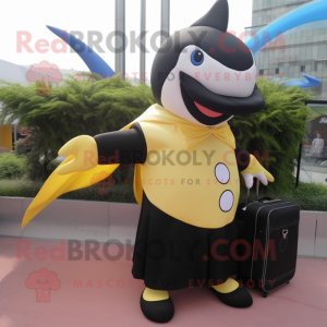 Lemon Yellow Killer Whale mascot costume character dressed with a Wrap Skirt and Briefcases