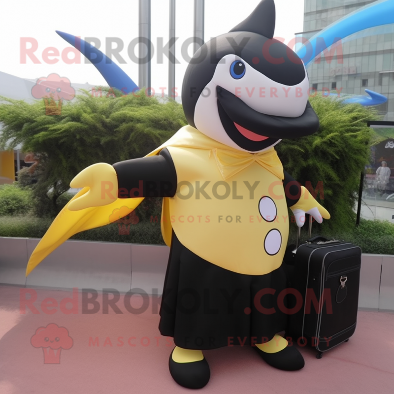 Lemon Yellow Killer Whale mascot costume character dressed with a Wrap Skirt and Briefcases Lemon Yellow Killer Whale mascot costume character dressed with a Wrap Skirt and Briefcases
