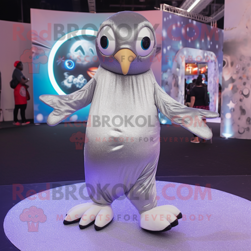 Silver Penguin mascot costume character dressed with a Playsuit and Earrings