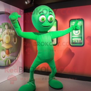 Green Acrobat mascot costume character dressed with a Long Sleeve Tee and Brooches