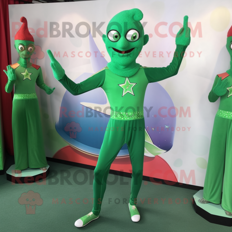 Green Acrobat mascot costume character dressed with a Long Sleeve Tee and Brooches