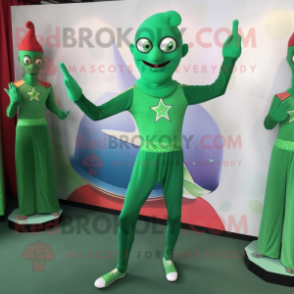 Green Acrobat mascot costume character dressed with a Long Sleeve Tee and Brooches