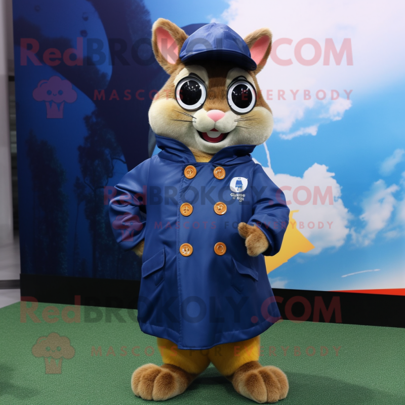 Navy Squirrel mascot costume character dressed with a Raincoat and Eyeglasses