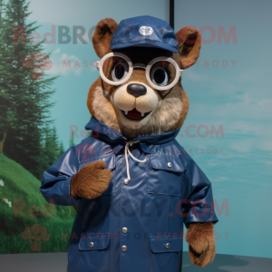 Navy Squirrel mascot costume character dressed with a Raincoat and Eyeglasses