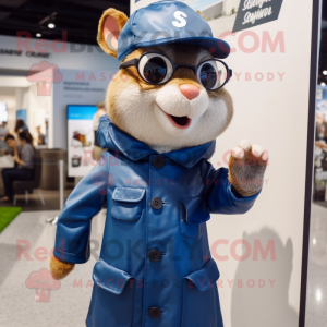 Navy Squirrel mascot costume character dressed with a Raincoat and Eyeglasses