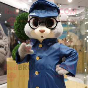 Navy Squirrel mascot costume character dressed with a Raincoat and Eyeglasses