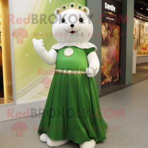 Olive Ermine mascot costume character dressed with a Empire Waist Dress and Bracelet watches
