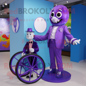 Purple Unicyclist mascot costume character dressed with a Suit Jacket and Watches