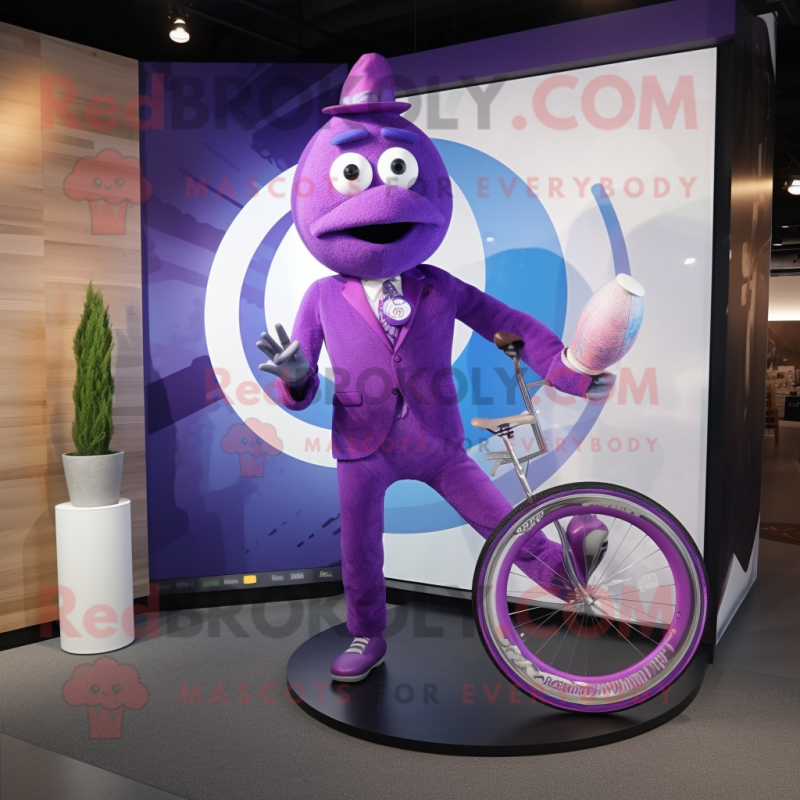 Purple Unicyclist mascot costume character dressed with a Suit Jacket and Watches