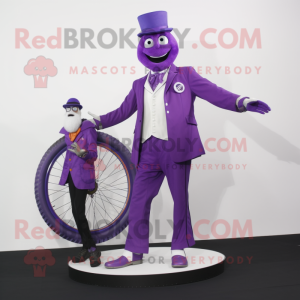 Purple Unicyclist mascot costume character dressed with a Suit Jacket and Watches