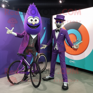 Purple Unicyclist mascot costume character dressed with a Suit Jacket and Watches