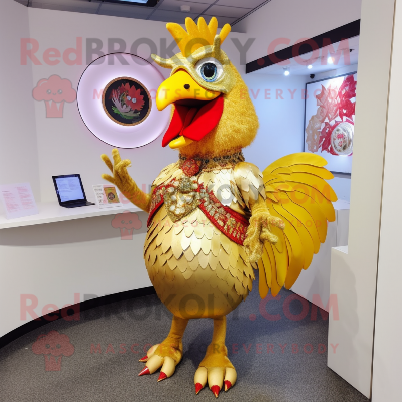 Gold Rooster mascot costume character dressed with a Circle Skirt and Brooches Gold Rooster mascot costume character dressed with a Circle Skirt and Brooches