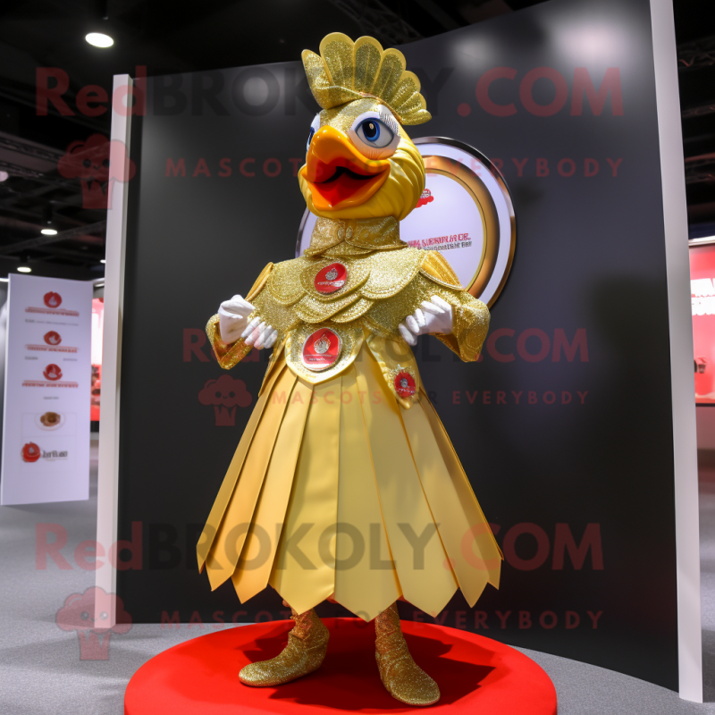 Gold Rooster mascot costume character dressed with a Circle Skirt and Brooches