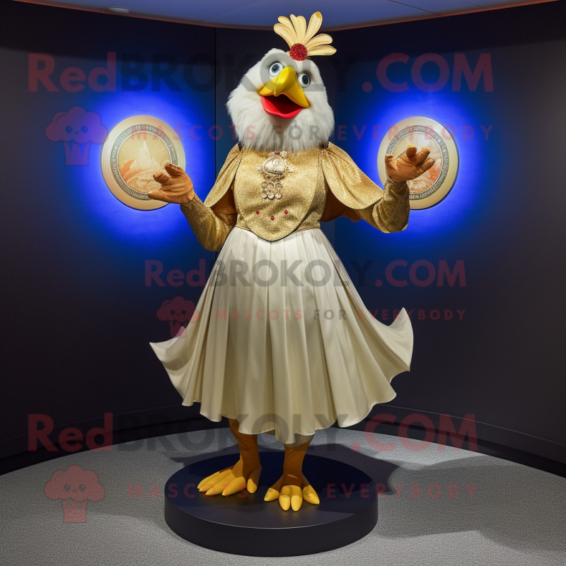 Gold Rooster mascot costume character dressed with a Circle Skirt and Brooches Gold Rooster mascot costume character dressed with a Circle Skirt and Brooches