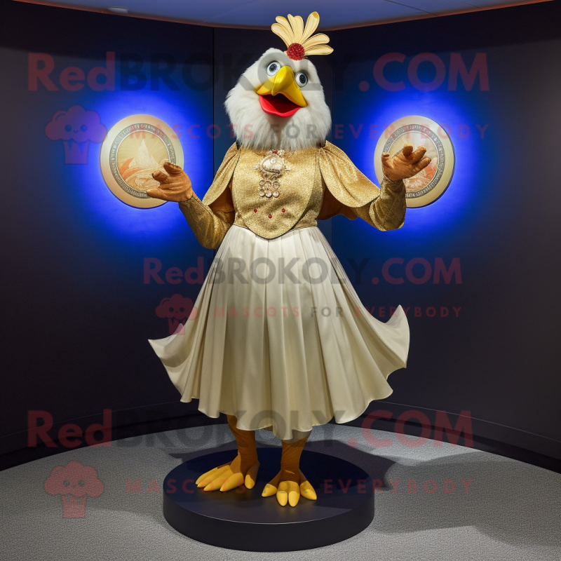 Gold Rooster mascot costume character dressed with a Circle Skirt and Brooches