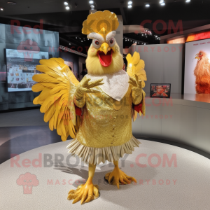 Gold Rooster mascot costume character dressed with a Circle Skirt and Brooches