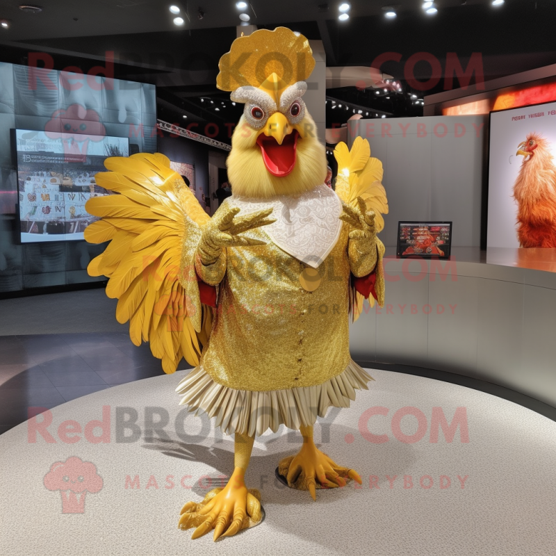 Gold Rooster mascot costume character dressed with a Circle Skirt and Brooches Gold Rooster mascot costume character dressed with a Circle Skirt and Brooches