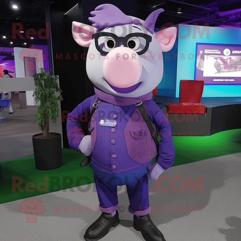 Purple Pig mascot costume character dressed with a Skinny Jeans and Rings Purple Pig mascot costume character dressed with a Skinny Jeans and Rings
