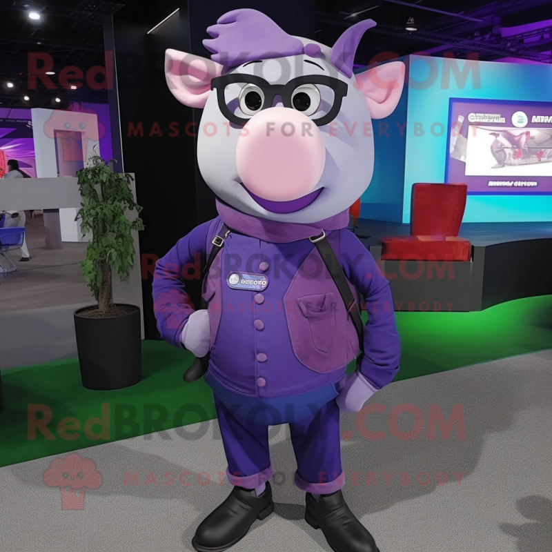 Purple Pig mascot costume character dressed with a Skinny Jeans and Rings