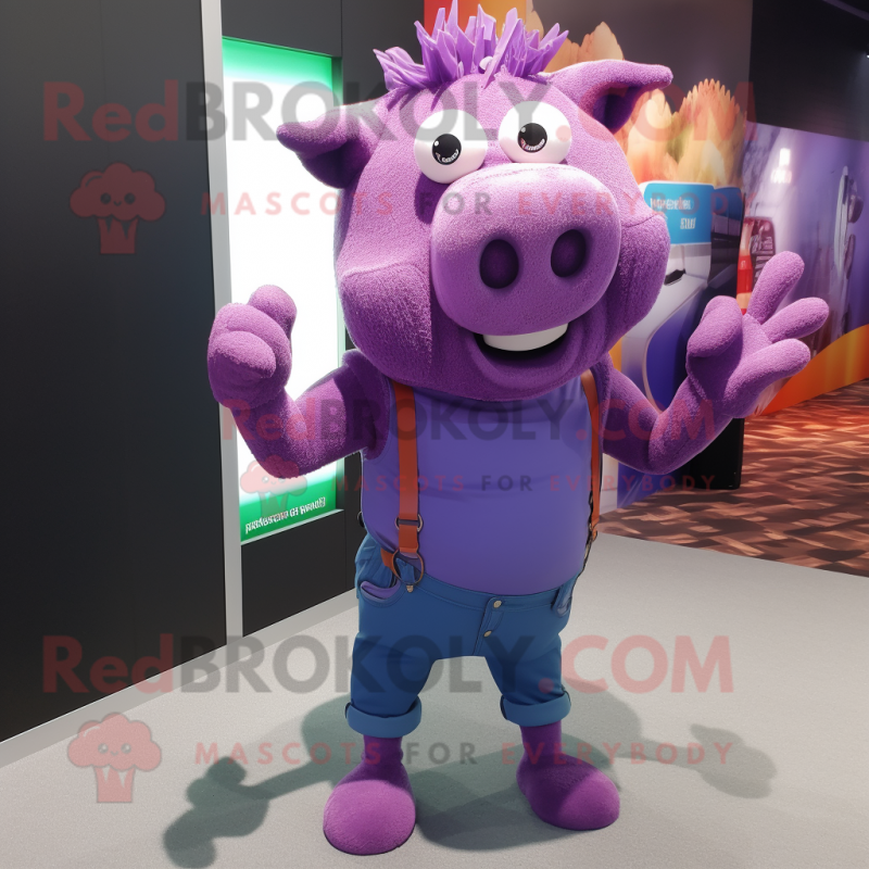 Purple Pig mascot costume character dressed with a Skinny Jeans and Rings