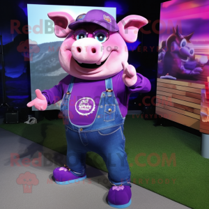 Purple Pig mascot costume character dressed with a Skinny Jeans and Rings