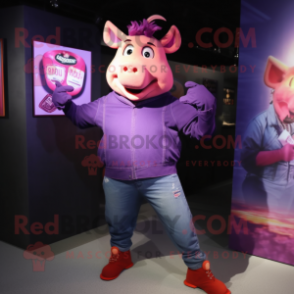 Purple Pig mascot costume character dressed with a Skinny Jeans and Rings