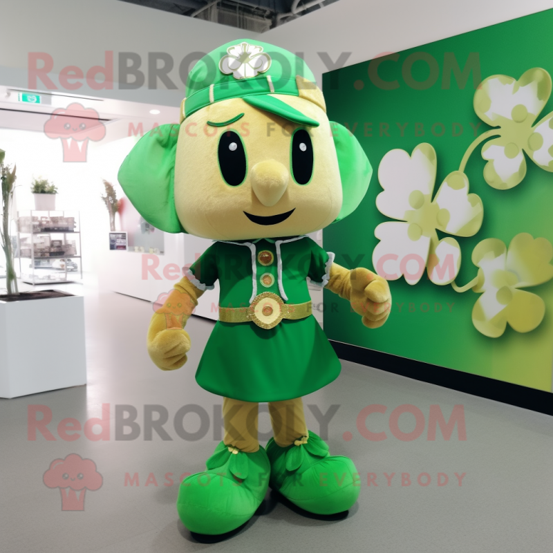 Gold Four Leaf Clover mascot costume character dressed with a Mini Skirt and Belts Gold Four Leaf Clover mascot costume character dressed with a Mini Skirt and Belts