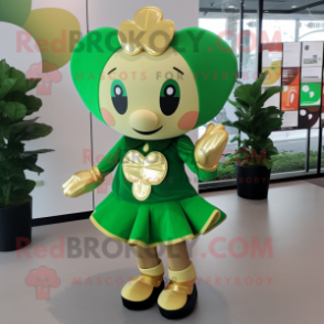 Gold Four Leaf Clover mascot costume character dressed with a Mini Skirt and Belts