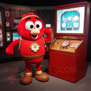 Red Treasure Chest mascot costume character dressed with a Romper and Bracelet watches