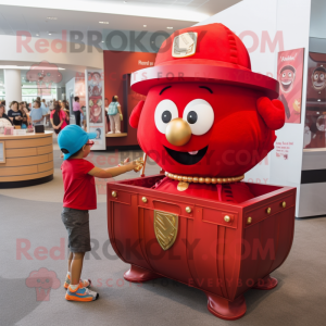 Red Treasure Chest mascot costume character dressed with a Romper and Bracelet watches