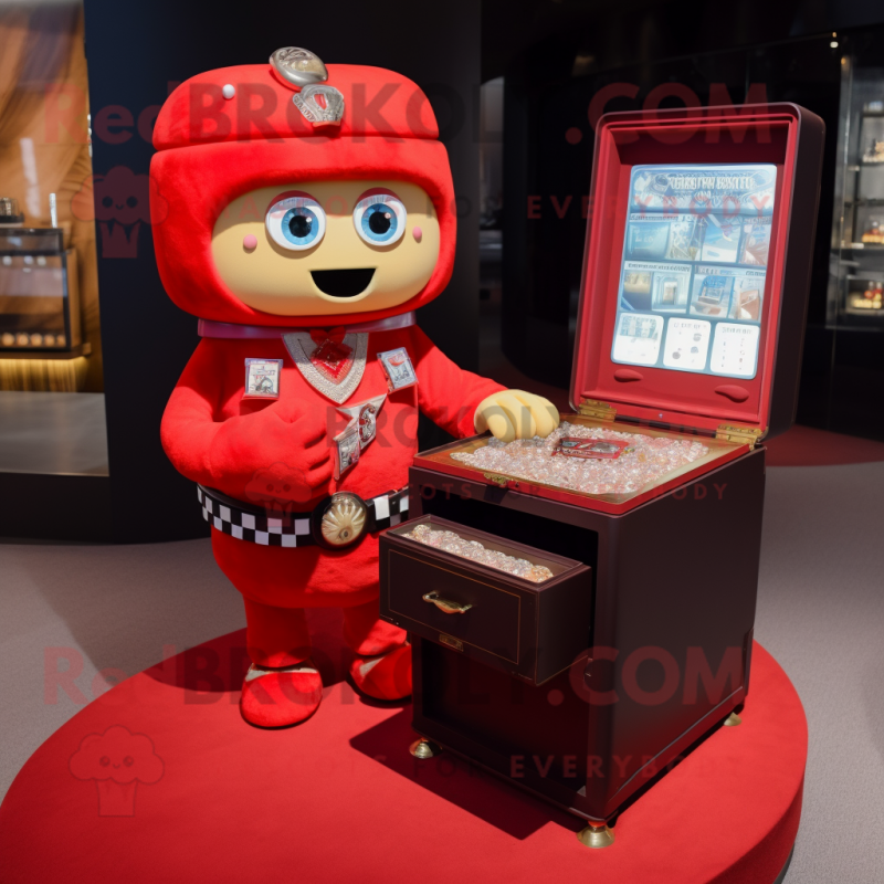 Red Treasure Chest mascot costume character dressed with a Romper and Bracelet watches Red Treasure Chest mascot costume character dressed with a Romper and Bracelet watches