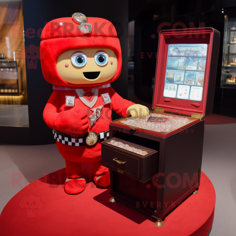 Red Treasure Chest mascot costume character dressed with a Romper and Bracelet watches