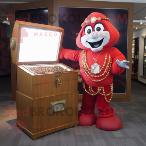 Red Treasure Chest mascot costume character dressed with a Romper and Bracelet watches