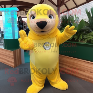 Lemon Yellow Sea Lion mascot costume character dressed with a Jumpsuit and Gloves