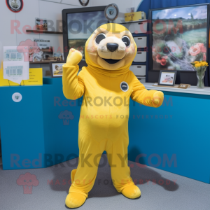 Lemon Yellow Sea Lion mascot costume character dressed with a Jumpsuit and Gloves