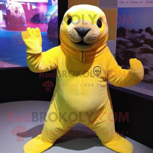 Lemon Yellow Sea Lion mascot costume character dressed with a Jumpsuit and Gloves