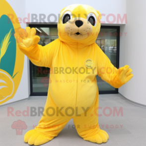 Lemon Yellow Sea Lion mascot costume character dressed with a Jumpsuit and Gloves