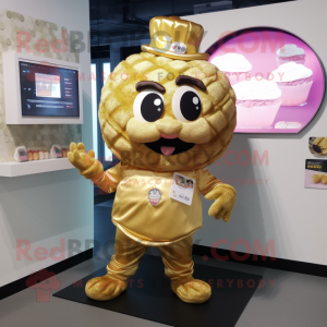 Gold Cupcake mascot costume character dressed with a Vest and Keychains
