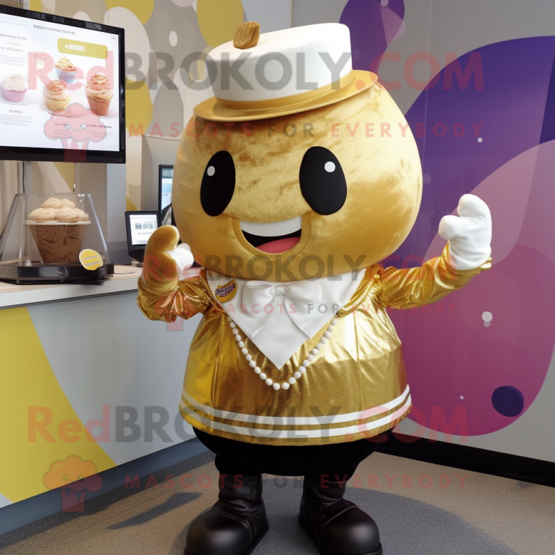 Gold Cupcake mascot costume character dressed with a Vest and Keychains