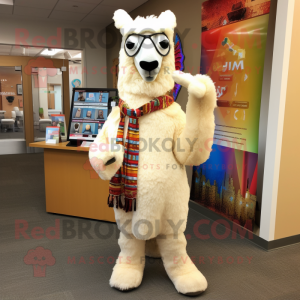 Cream Llama mascot costume character dressed with a Capri Pants and Scarf clips