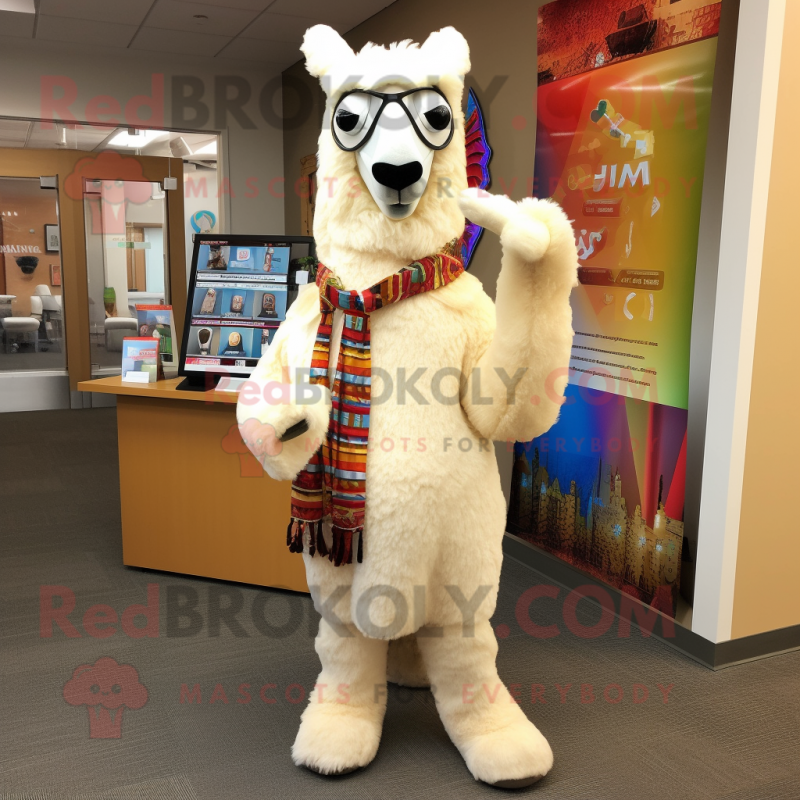 Cream Llama mascot costume character dressed with a Capri Pants and Scarf clips Cream Llama mascot costume character dressed with a Capri Pants and Scarf clips