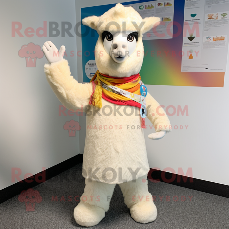 Cream Llama mascot costume character dressed with a Capri Pants and Scarf clips